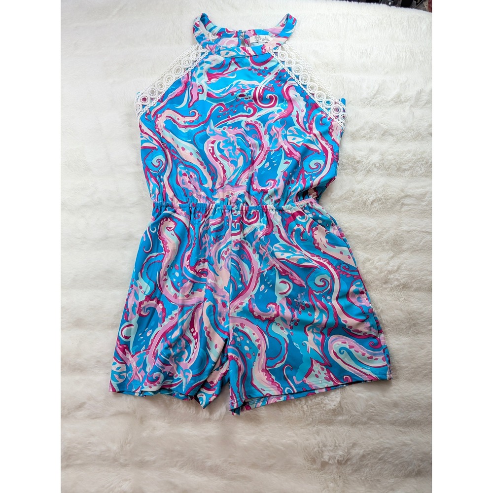Aryeh Blue Pink Octopus Print Halter Romper Crochet Lace Trim Size M